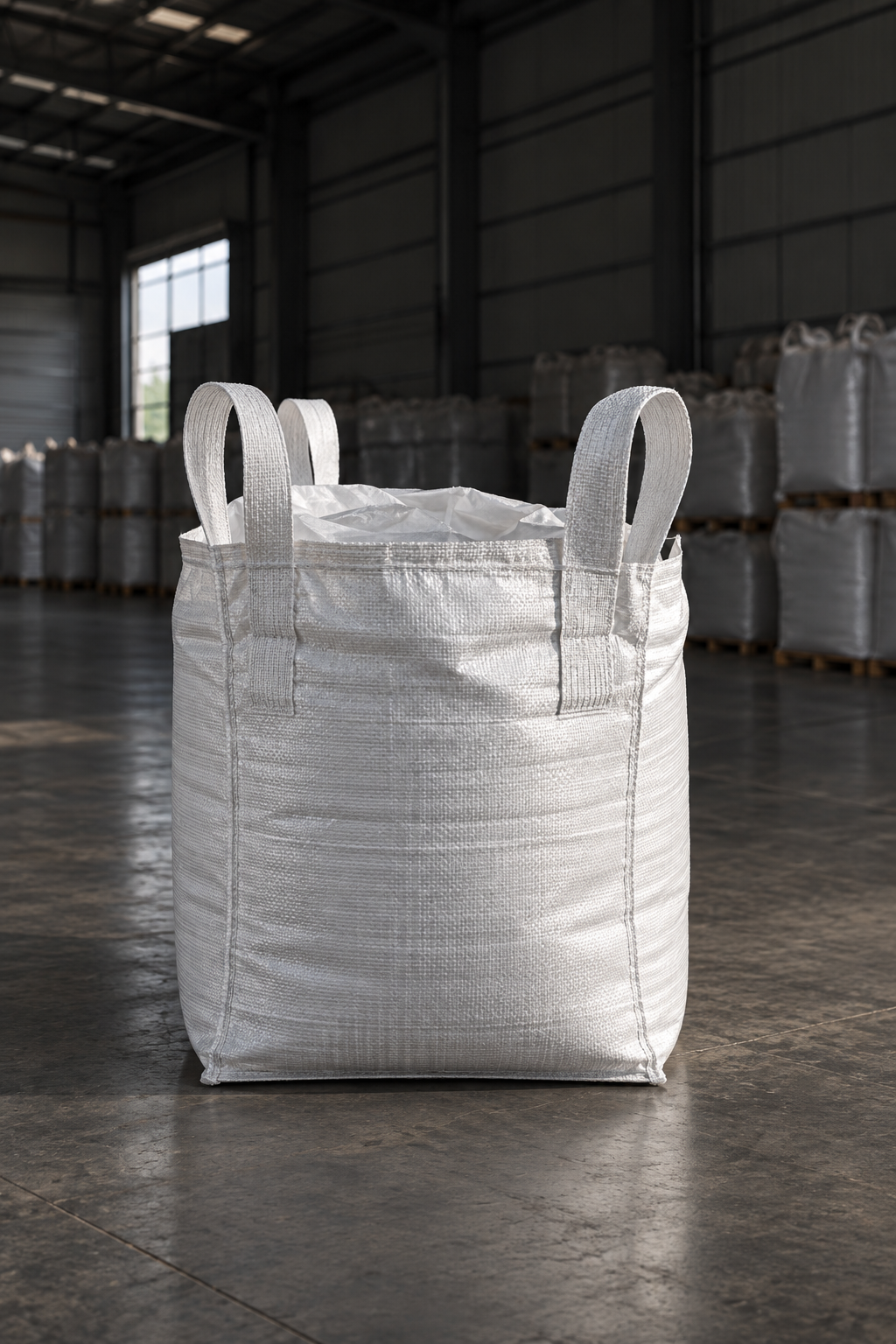 Geniş depo ortamında, kulpları ve tabanı bütünüyle görünen beyaz Big Bag çuval